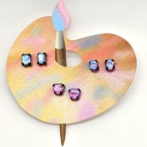 Avon Stud Earrings Gift Set/Lot Heart Oval Emerald Opalescent Crystal Artist NWT